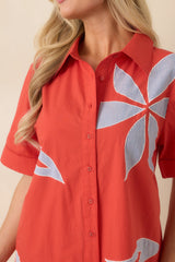 Bloom & Be Seen Poppy Red Cotton Floral Applique Mini Shirt Dress