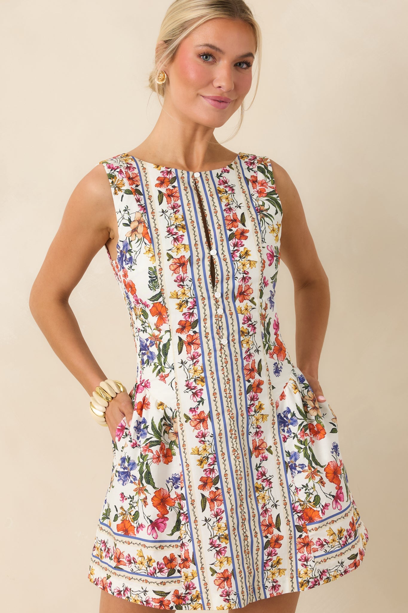 You Look Like Summer Ivory Multi Floral Cotton Sleeveless Mini Dress