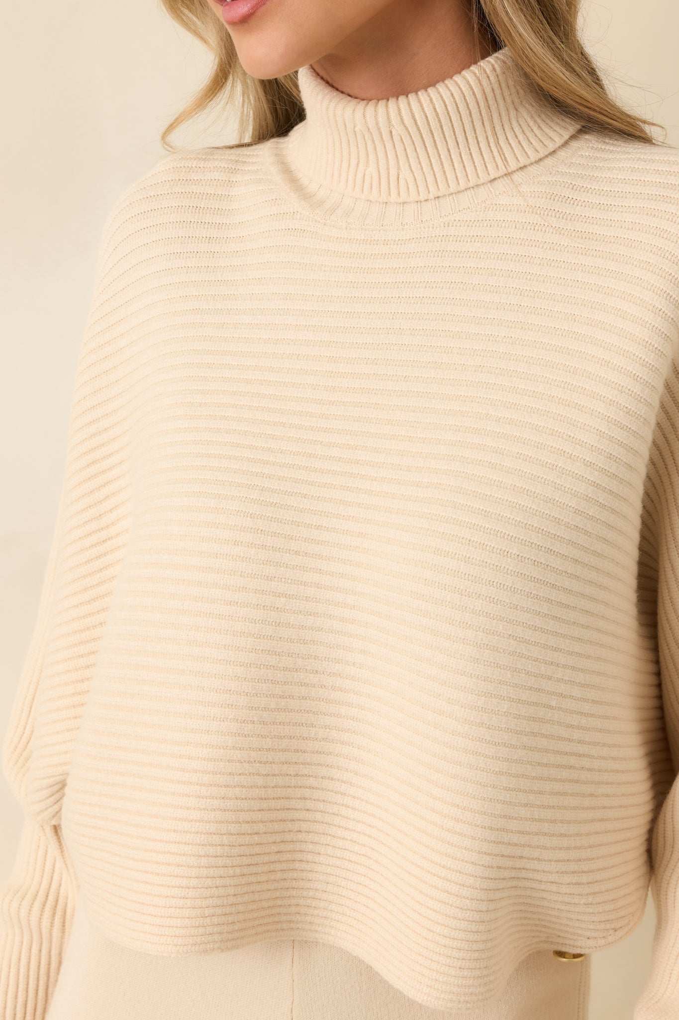 Polished Path Beige Ribbed Batwing Cropped Turtleneck Sweater