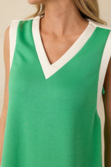 Well Defined Green Jersey Knit Contrast Trim Sleeveless Mini Dress