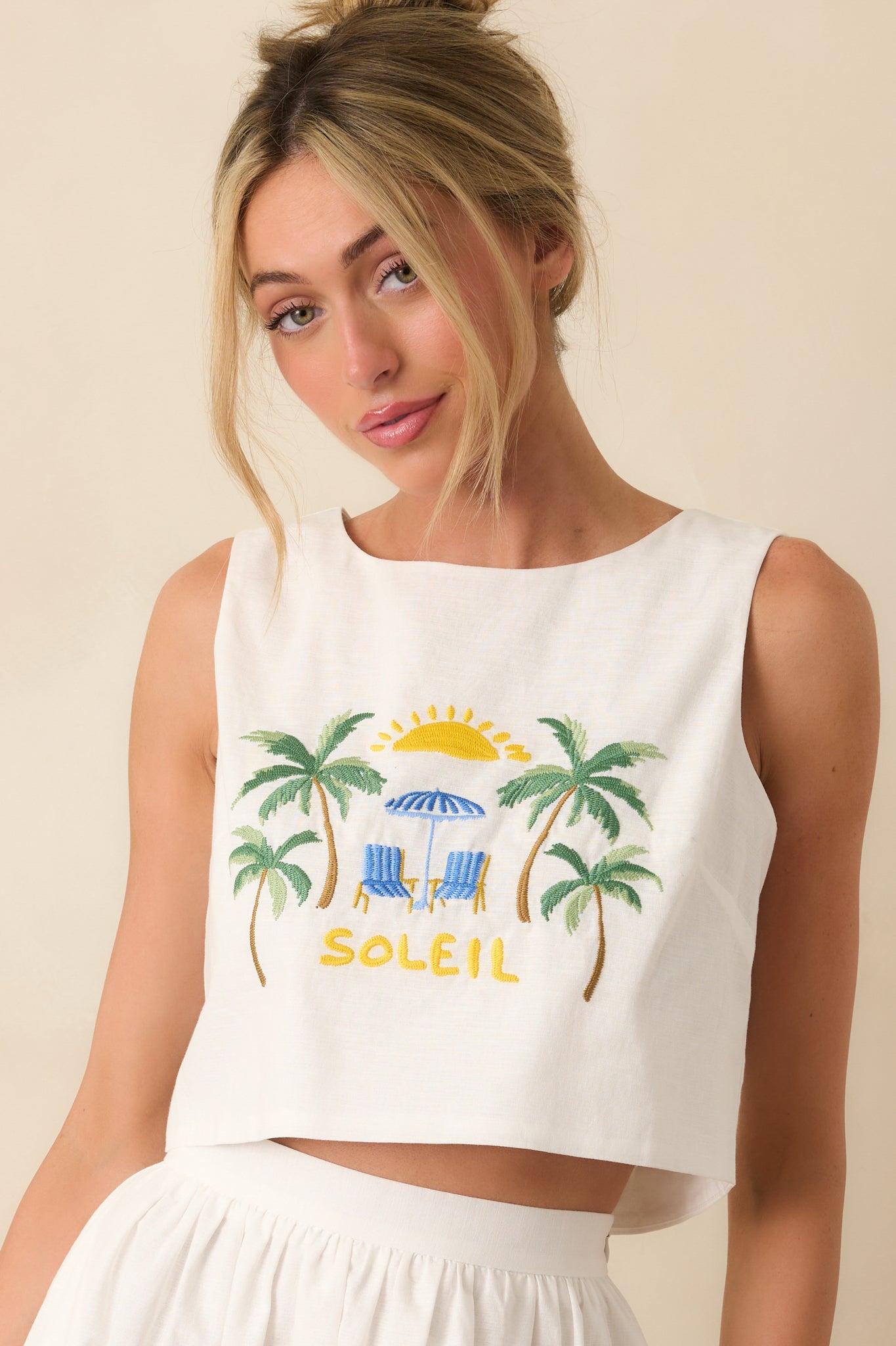 Paradisa Aruba White Multi Embroidered Cotton Blend Crop Top