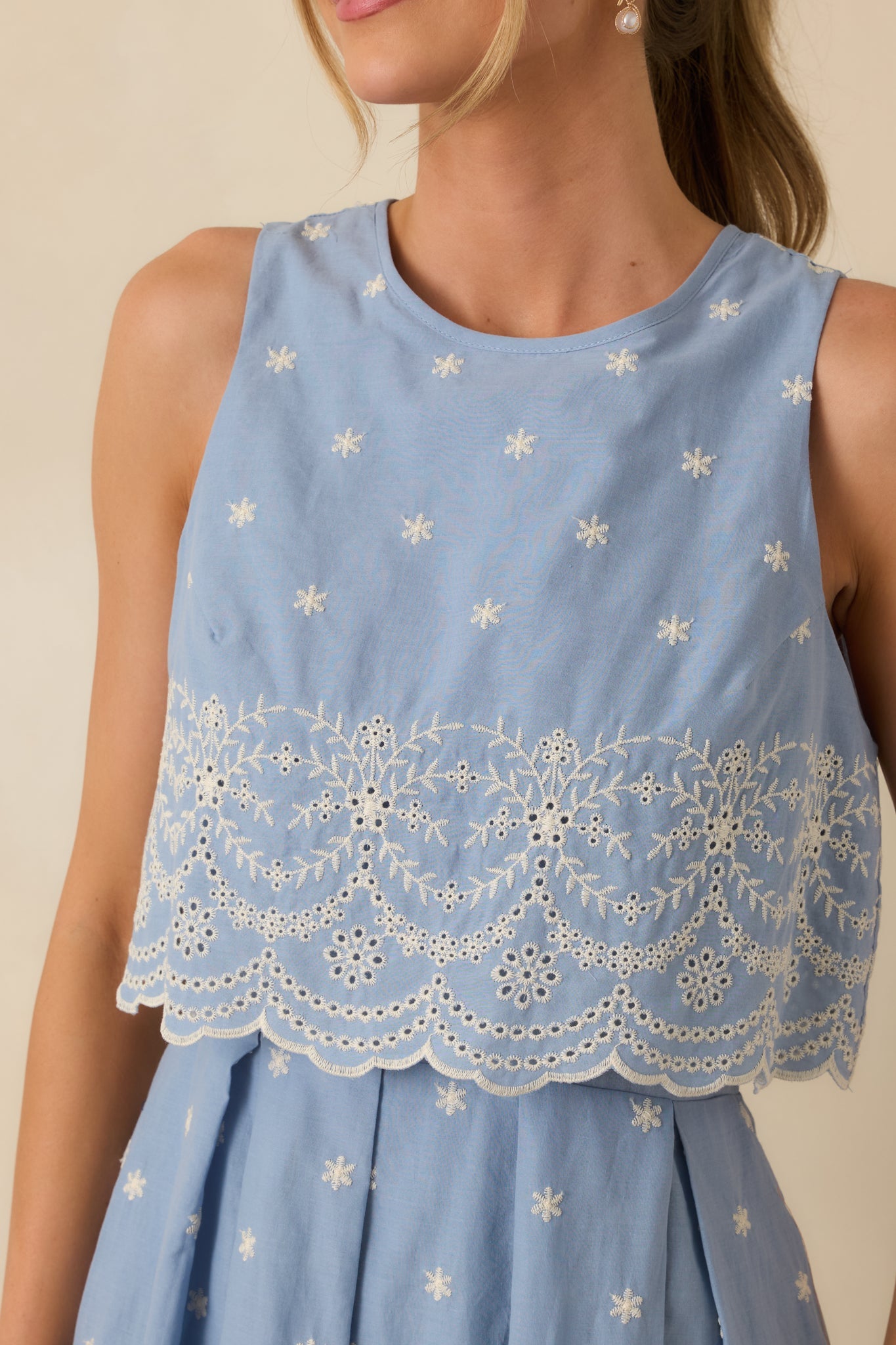 Right Here Waiting Light Blue Cotton Scallop Lace Embroidered Midi Dress