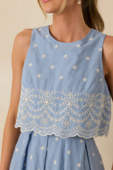 Right Here Waiting Light Blue Cotton Scallop Lace Embroidered Midi Dress