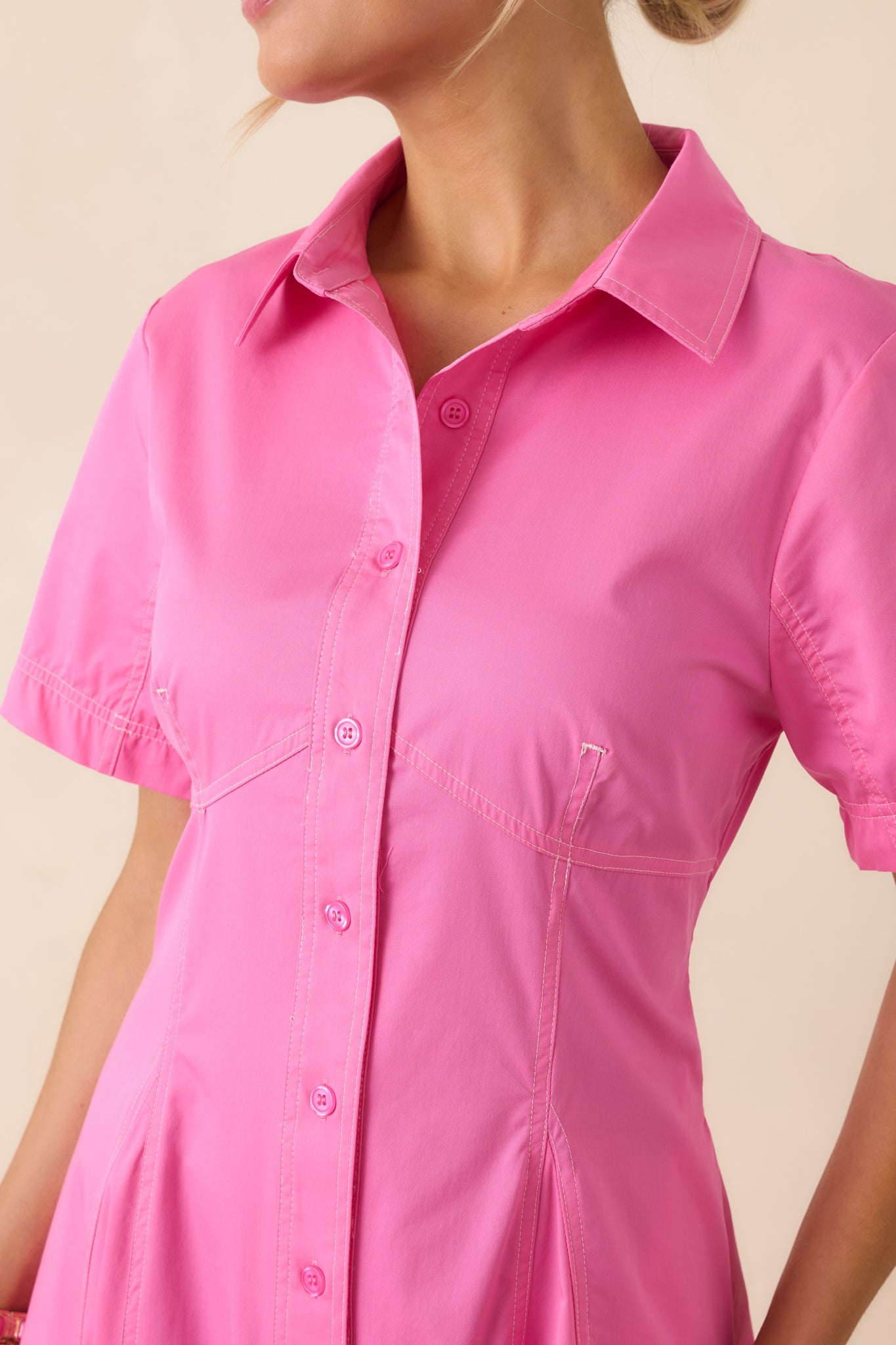 Make It Look Easy Pink Short Sleeve Midi Shirt Dress
