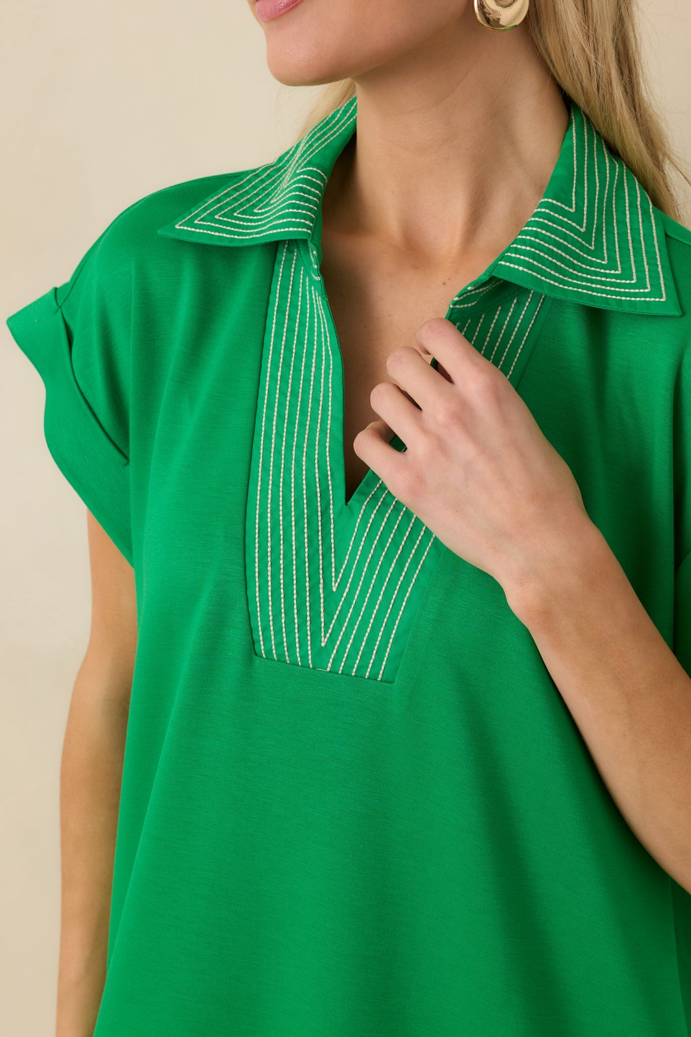 Let It Play Out Green Knit Contrast Detail V-Neck Short Sleeve Midi Dress