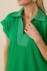Let It Play Out Green Knit Contrast Detail V-Neck Short Sleeve Midi Dress