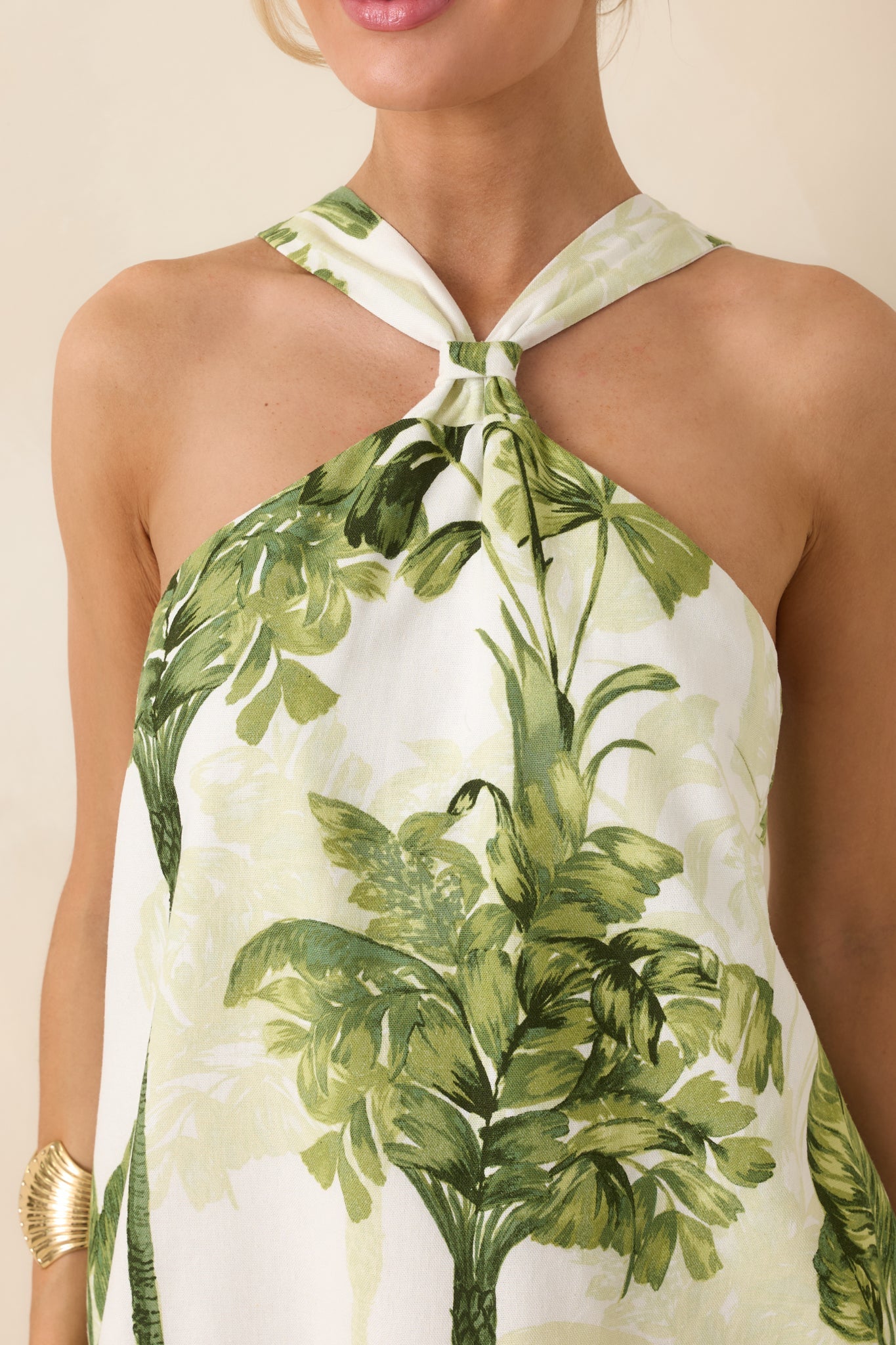 Catching Waves Ivory & Green Tropical Print Tie-Back Halter Mini Dress
