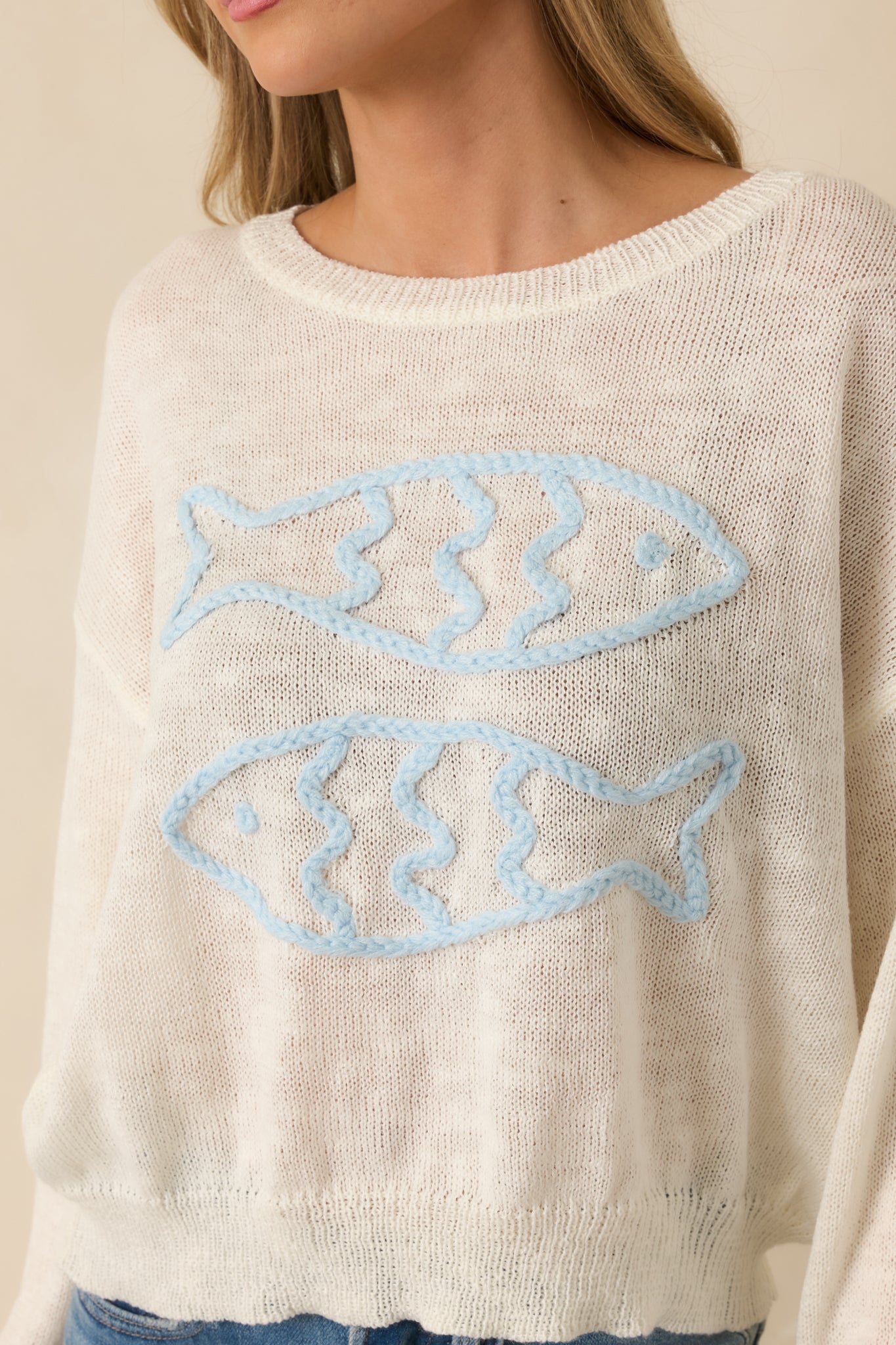 Just Swimmingly Ivory Knit Fish Embroidered Sweater