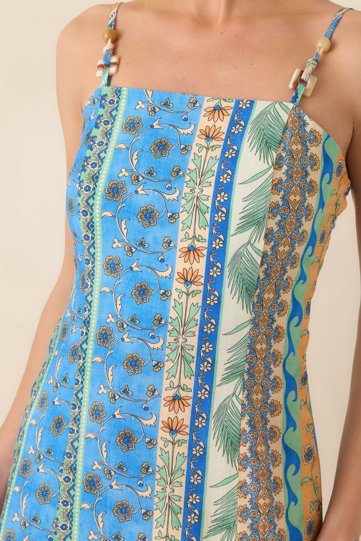 Sipping Under the Palms Blue Multi Tropical Print Bead Detail Midi Dress
