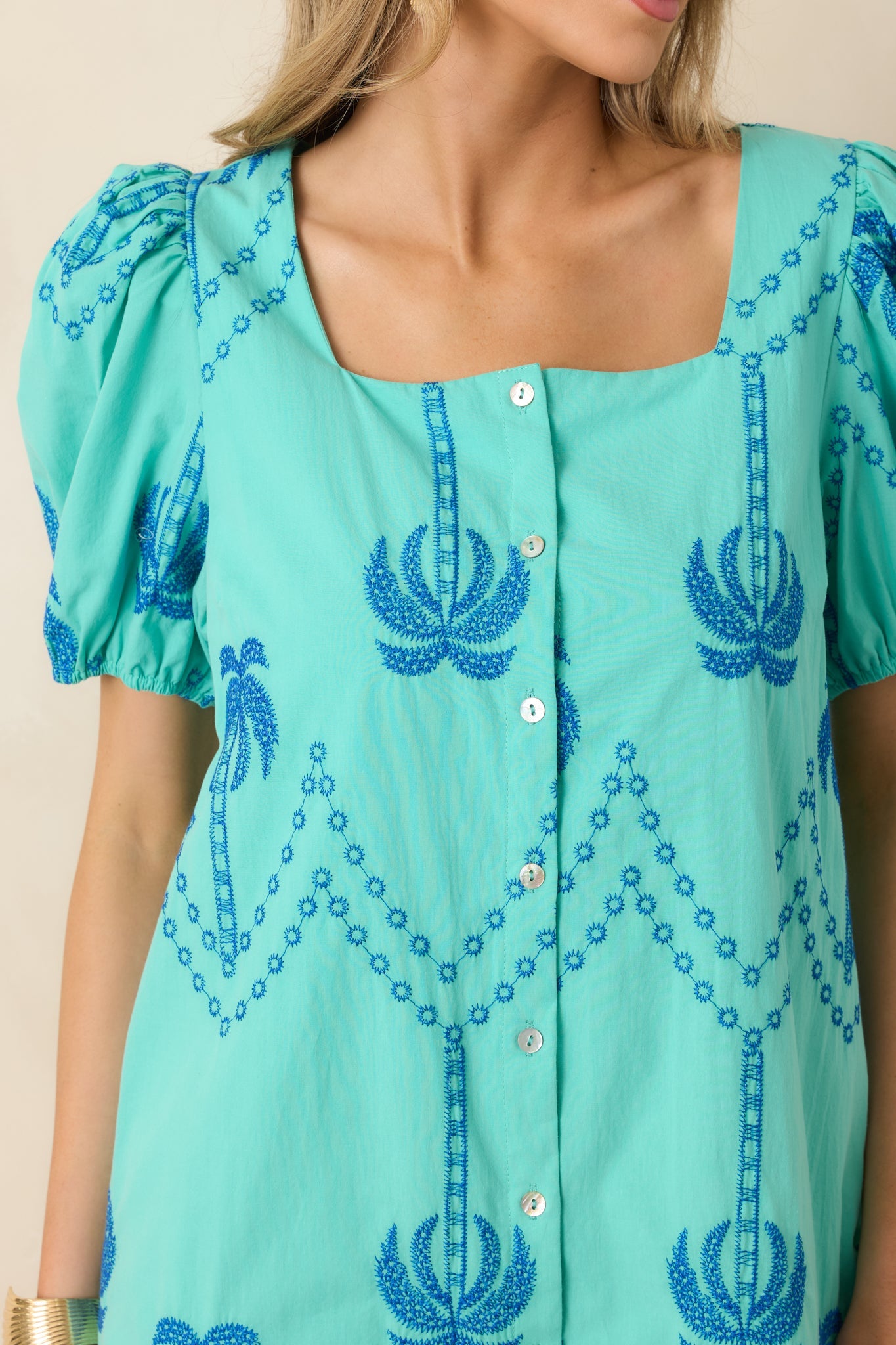 Coastal Rhythm Teal Palm Embroidered Cotton Puff Sleeve Mini Dress