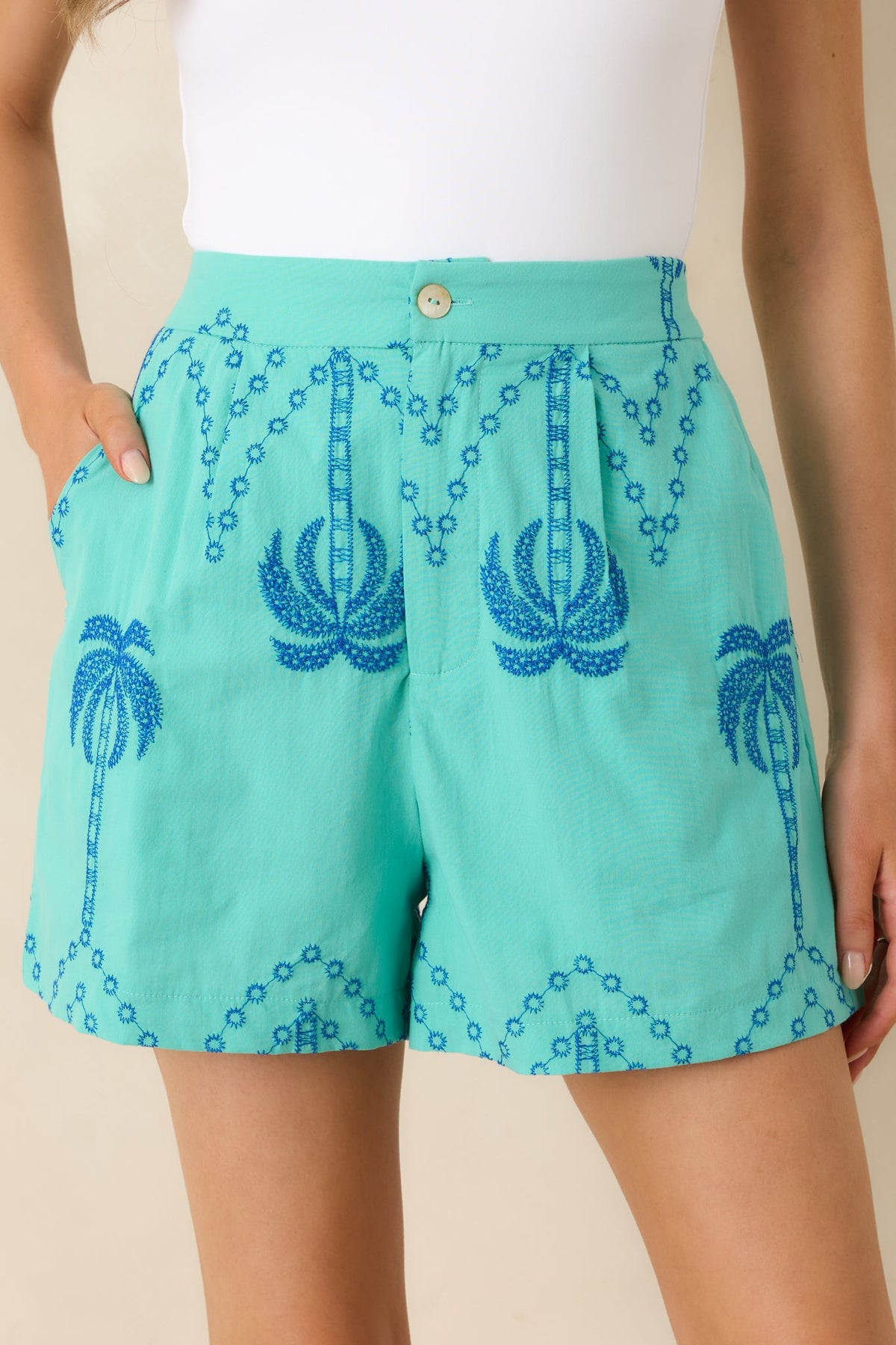 Island Pulse Teal Palm Embroidered Cotton Shorts