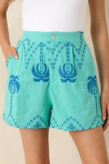 Island Pulse Teal Palm Embroidered Cotton Shorts