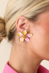 It's Giving Happy Pink & Yellow Metal Floral Oversized Stud Earrings