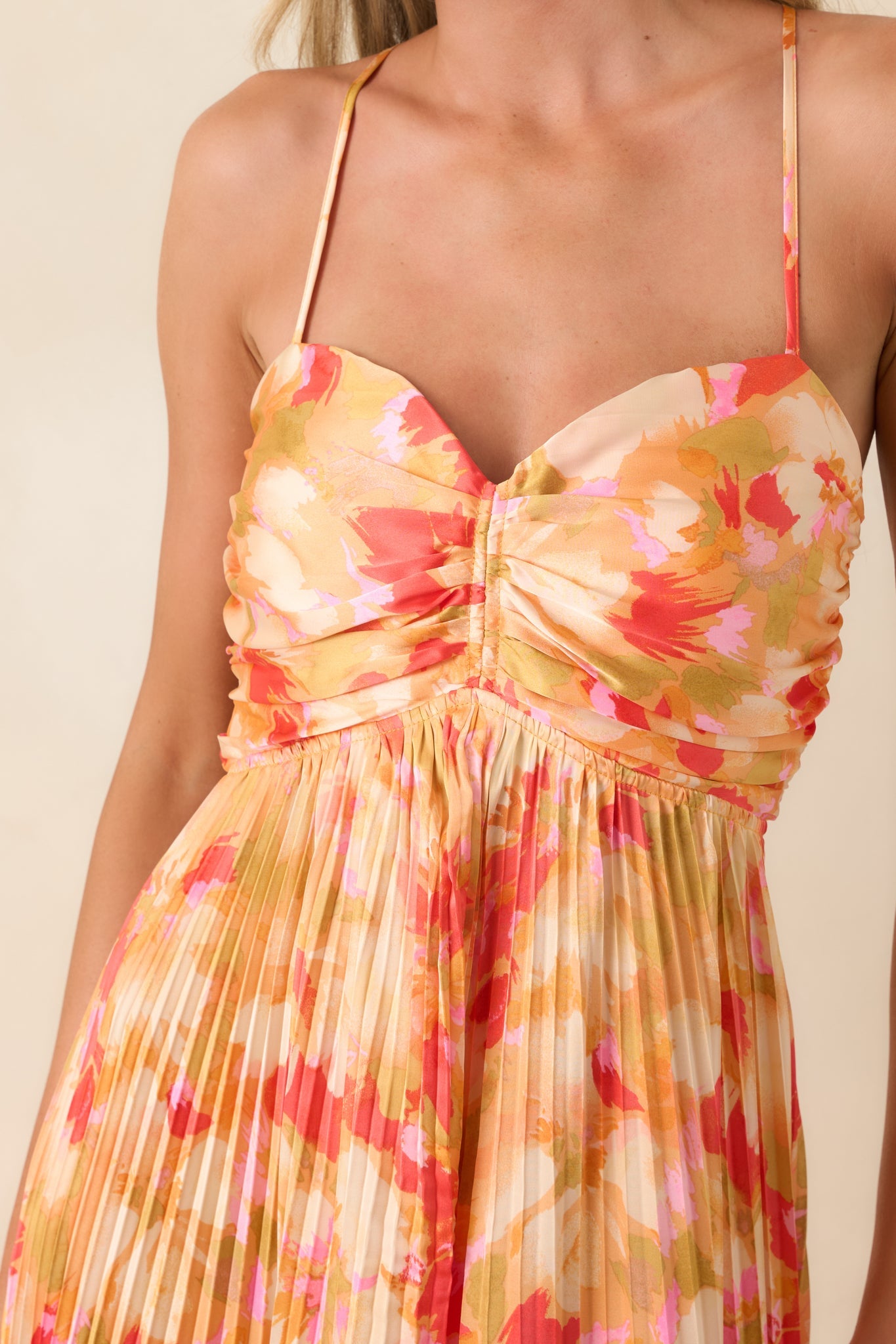 Painted in Sunshine Peach & Red Multi Satin Finish Pleated Maxi Dress