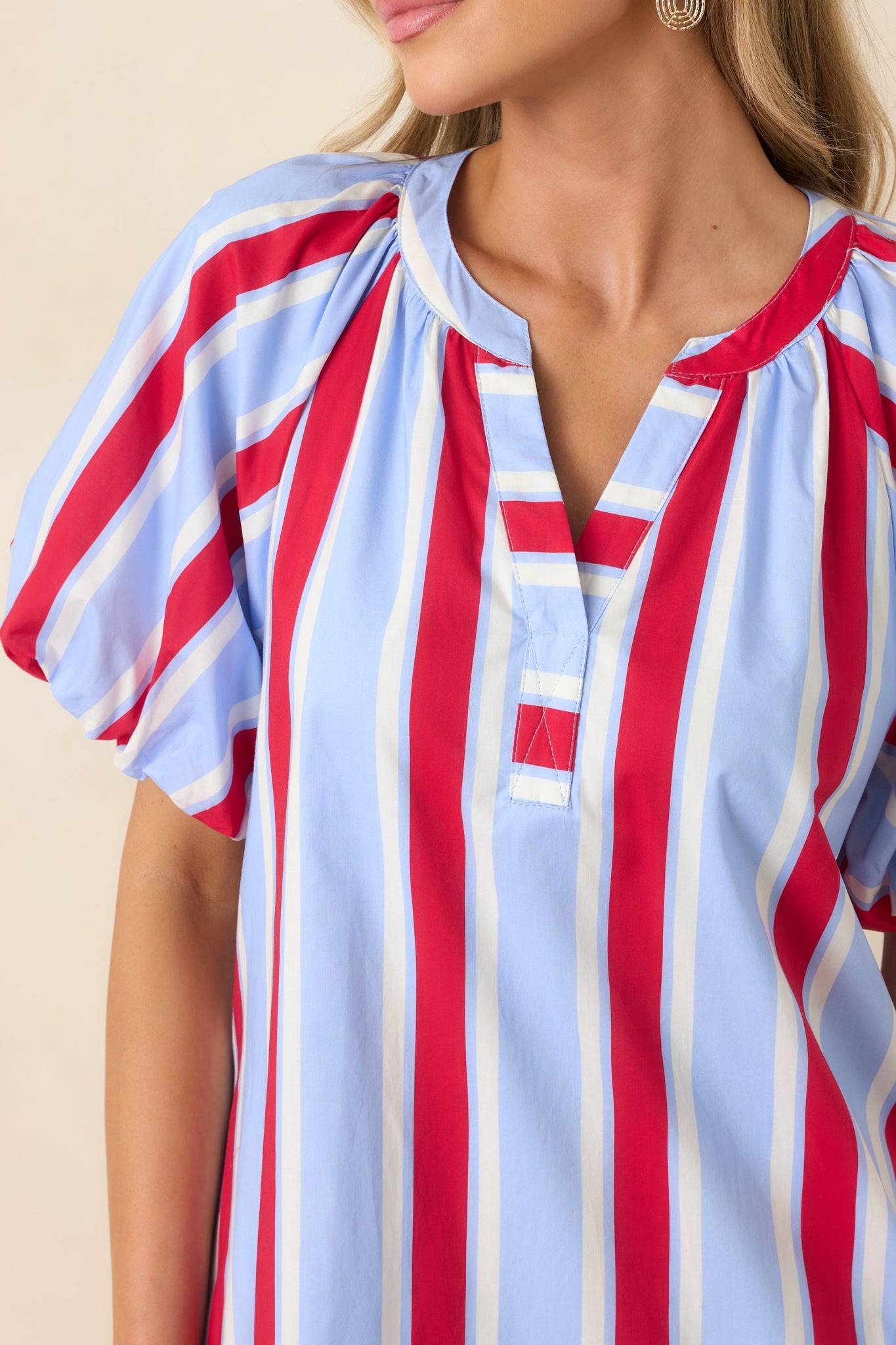 Sweet Summer State Red & Light Blue Stripe Cotton Puff Sleeve Mini Dress