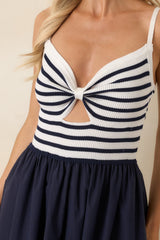 Exactly Like This Navy Stripe Ribbed Knit Cutout Cotton Maxi Dress