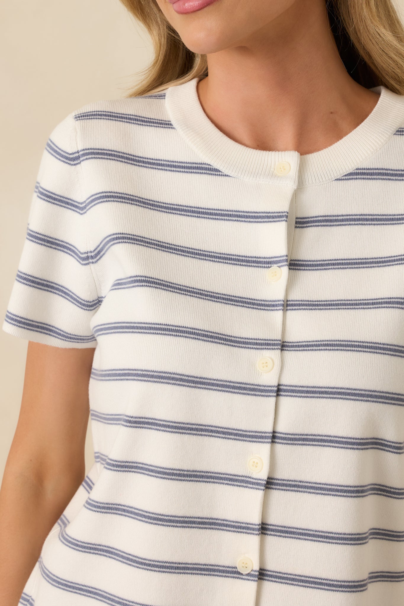 Casual Authority Navy Stripe Knit Button Front Short Sleeve Top