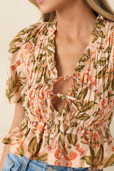 Bloom With Me Peach & Meadow Green Floral Smocked Cotton Top