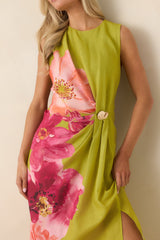 Do a Double Take Chartreuse Multi Floral Print Midi Dress
