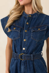 In the Fun Way Dark Wash Cotton Denim Belted Jumpsuit