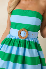 The Amanda Green & Light Blue Stripe Cotton Strapless Midi Dress