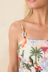 Sipping Under the Palms Multi Tropical Print Bead Detail Midi Dress