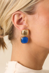 Blissful Days Blue Stone Gold Textured Drop Earrings