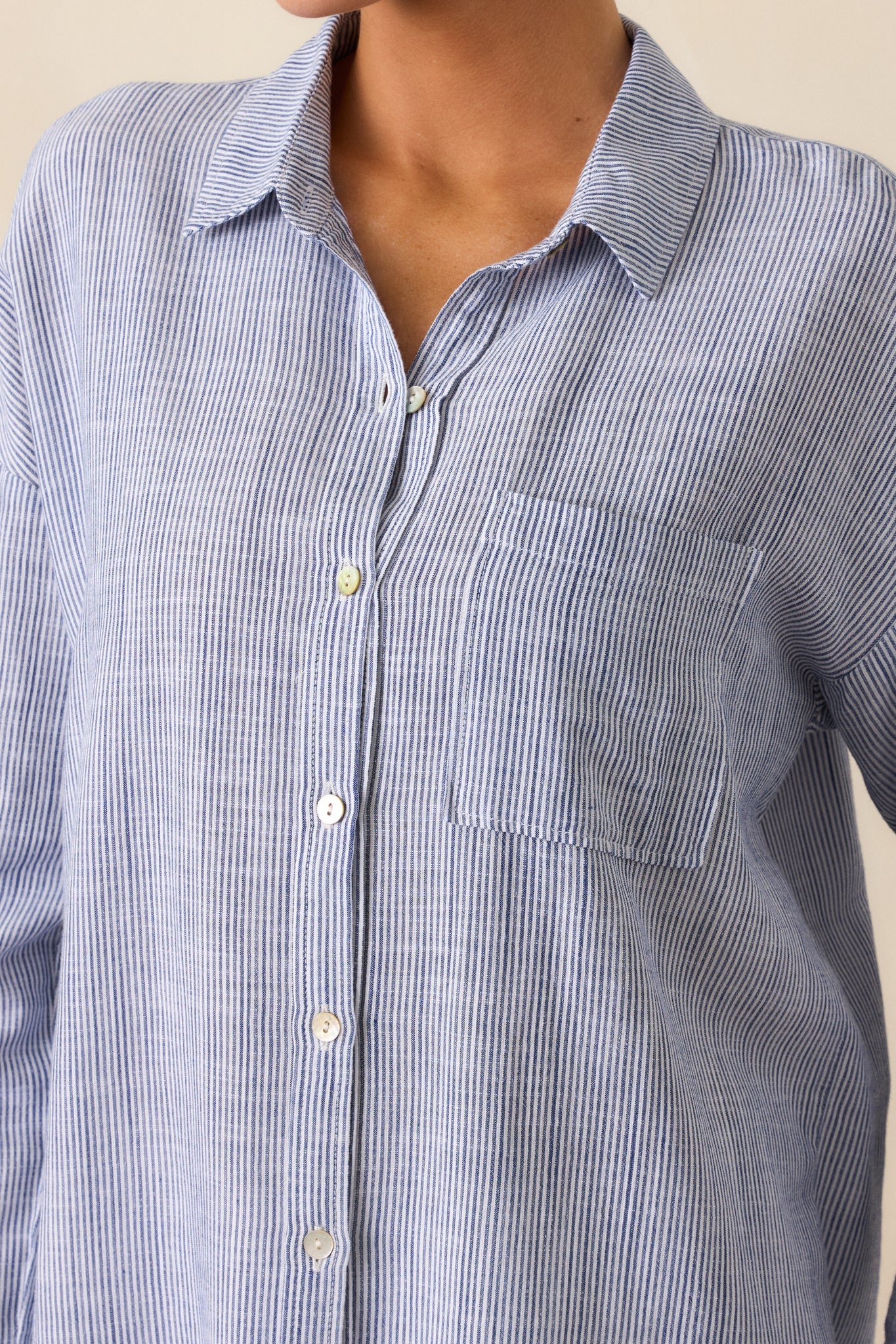 What Do You Mean Blue Stripe Linen Blend Button Front Top