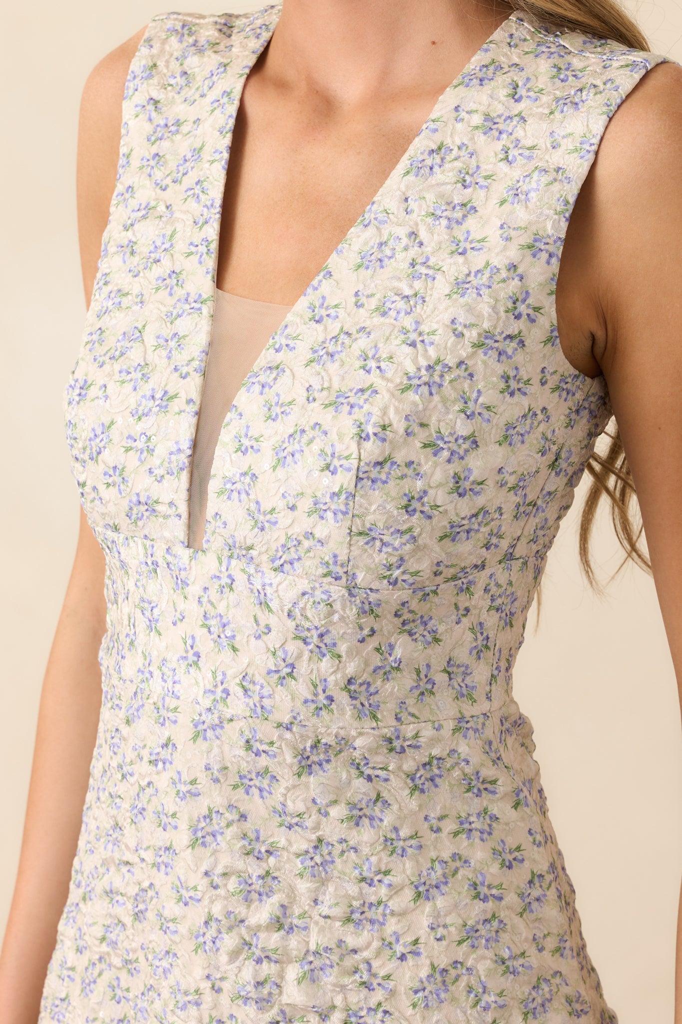 The Unexpected Periwinkle Floral Jacquard Midi Dress