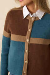 All About Now Brown and Teal Knit Color Block Cardigan Sweater