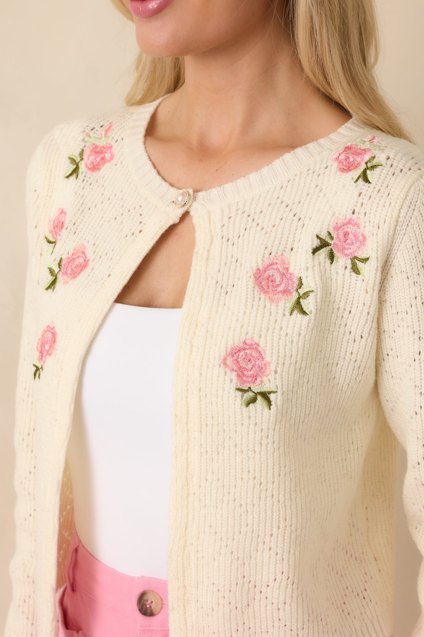The Primrose Parlour Ivory Knit Pink Rose Embroidered Cardigan