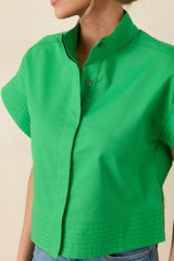 Pretty In Power Green Cotton Linen Button-Front Mock Neck Top