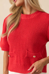Nothing But Time Red Knit Cotton Short Sleeve Sweater