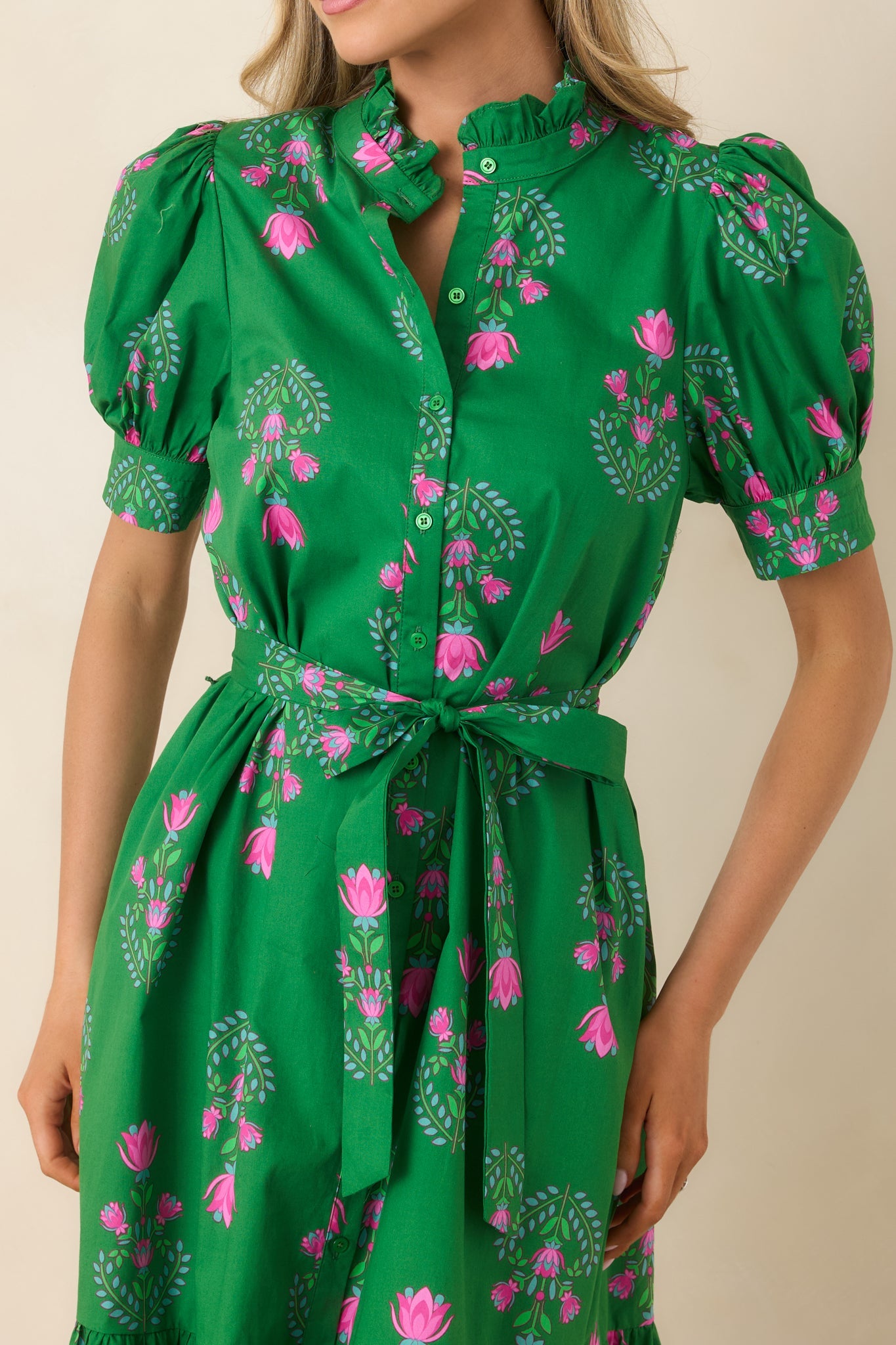 Free To Fly Green Cotton Floral Button Front Midi Dress