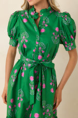 Free To Fly Green Cotton Floral Button Front Midi Dress