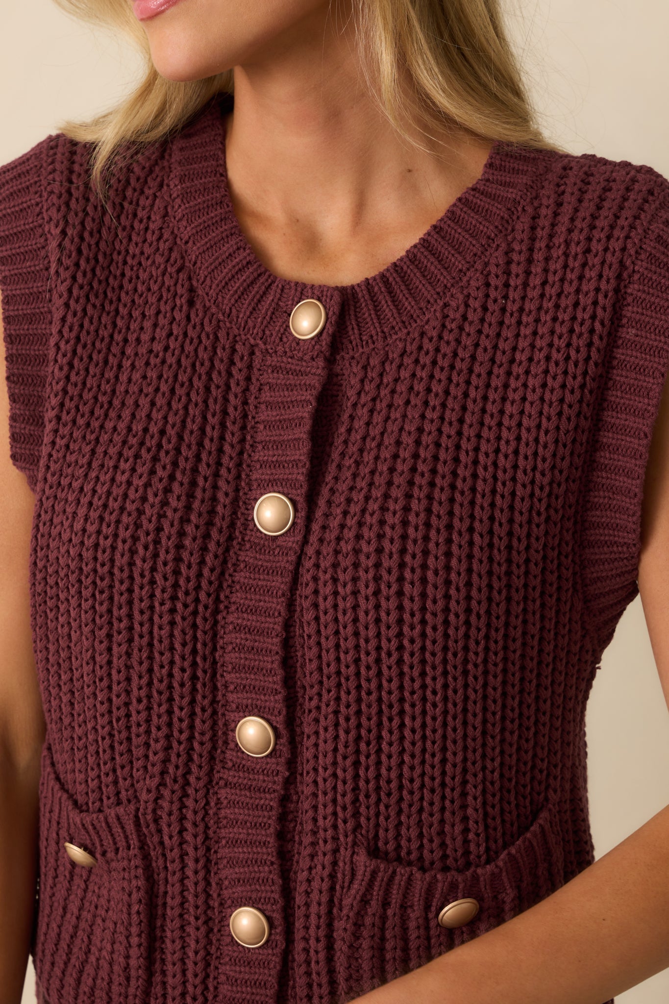 What You Came For Wine Red Ribbed Knit Button Up Sweater Vest