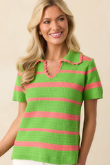 Keeping My Peace Bright Green Stripe Short Sleeve Knit Top