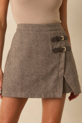 Speak Your Mind Brown Herringbone Buckle Wrap Skort