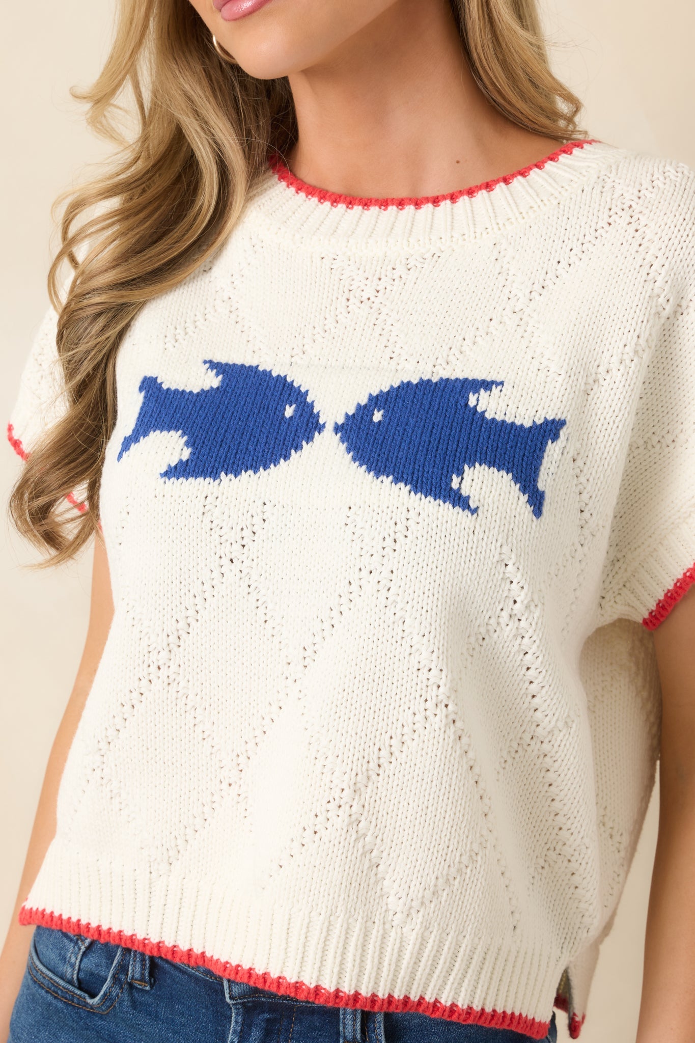 Reel Cute Ivory Multi Knit Short Sleeve Fish Sweater