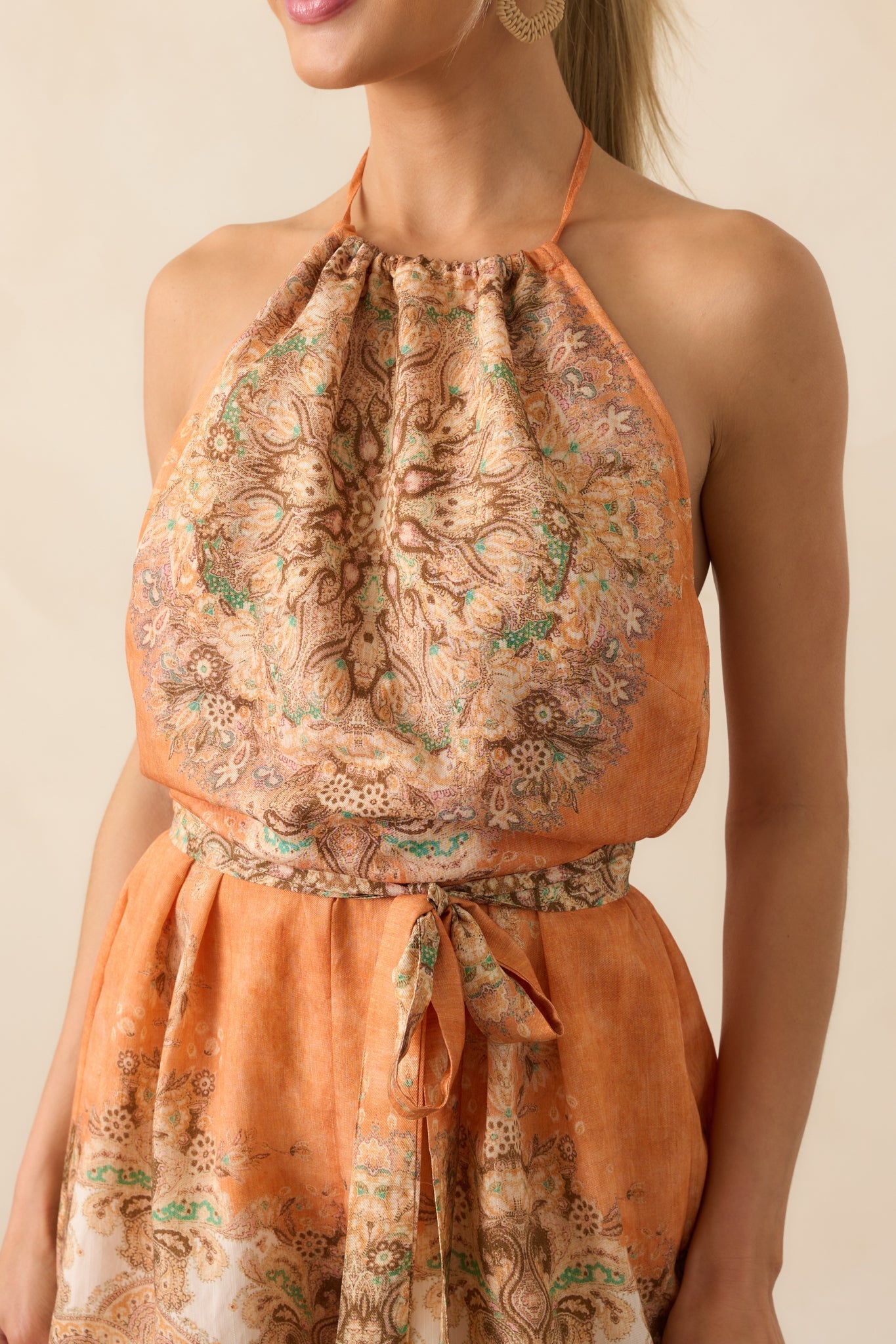 All I Wanted Light Orange Multi Print Halter Open Back Romper