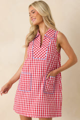 Summer Side Dish Red Gingham Cotton Mini Shift Dress