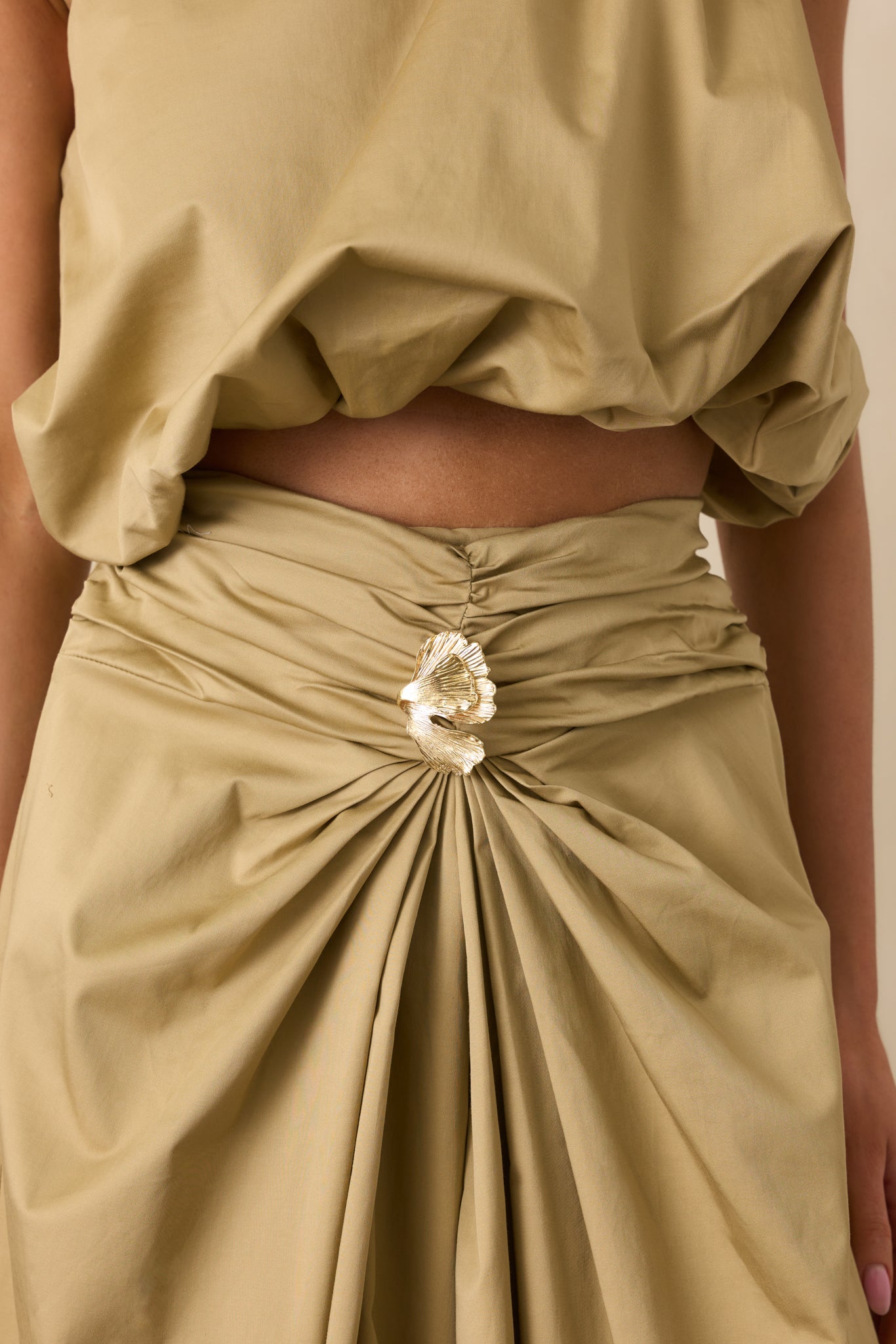 Get My Good Side Tan Ruched Drape Maxi Skirt