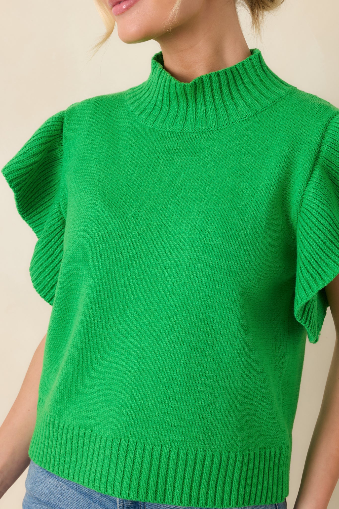 Watch Her Work Kelly Green Knit Flutter Sleeve Top