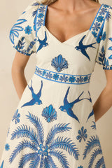 Aylaya Godthab Vibrant Blue & Ivory Cotton Tropical Print Midi Dress