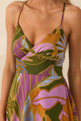 Making Today Mine Olive Green Multi Floral Print Cotton Maxi Dress