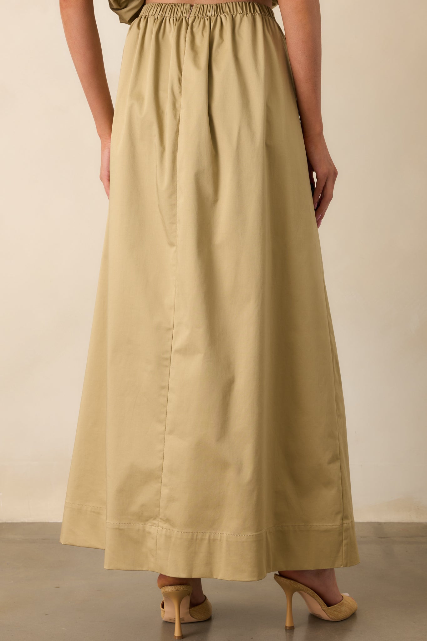 Get My Good Side Tan Ruched Drape Maxi Skirt