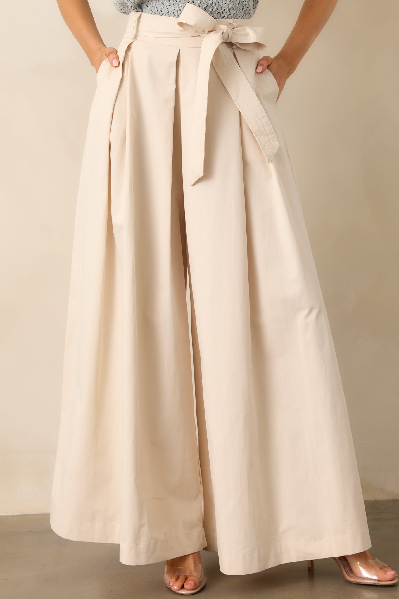 Taking Time Off Ecru Cotton Belted Palazzo Pants