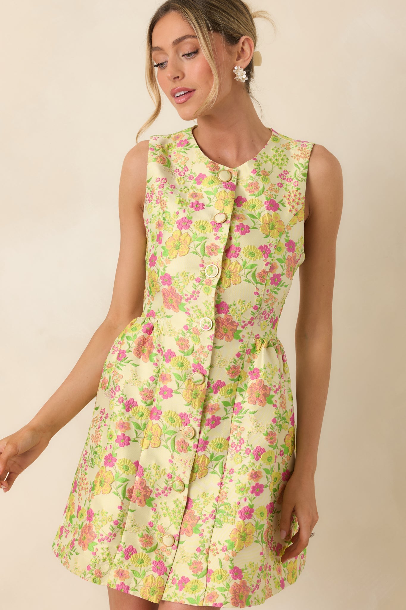 Fresh Picked Feelings Yellow Multi Floral Button Front Sleeveless Mini Dress