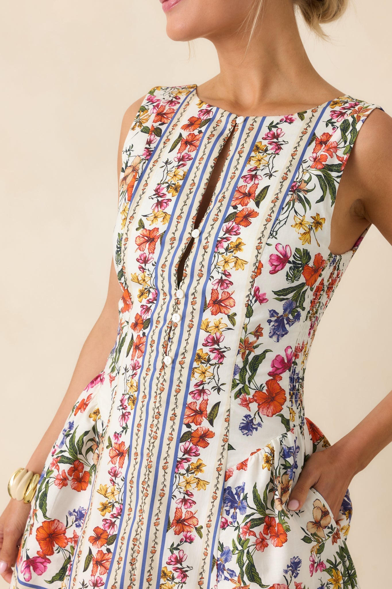 You Look Like Summer Ivory Multi Floral Cotton Sleeveless Mini Dress
