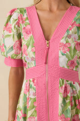 Color Me Floral Pink Multi Floral Print Cotton Zip Front Midi Dress